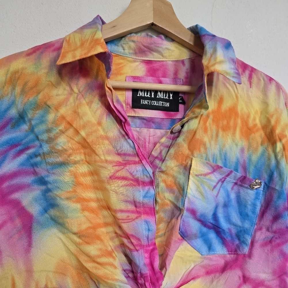 Muy Muy Fancy Tie-Dye Button-Up Cropped Colorful Shirt Size Medium - Picture 7 of 16